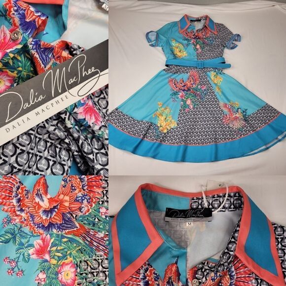 NEW M Dalia McPhee retro diner turquoise pink bird BELTED FULL DRESS medium NWT - Picture 1 of 16